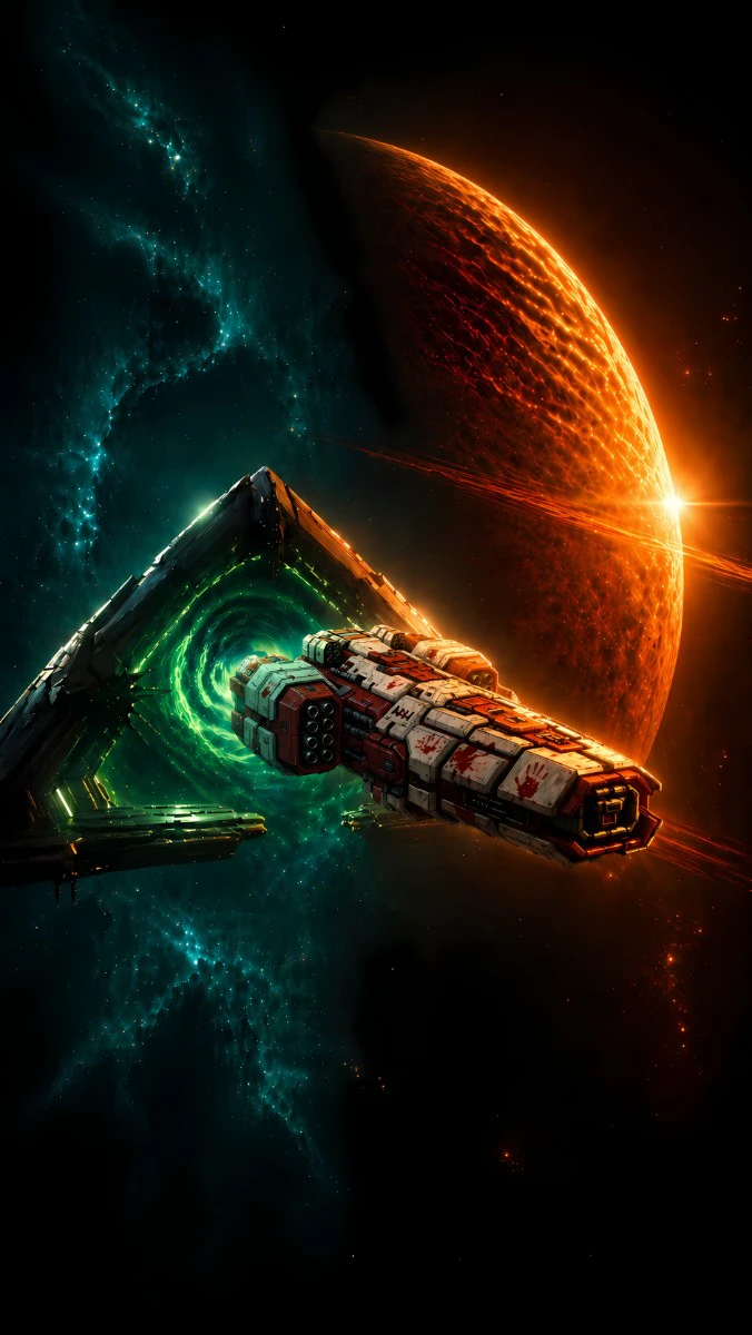 Project Nebula key art: a frigate leaving a green jump gate above an orange planet